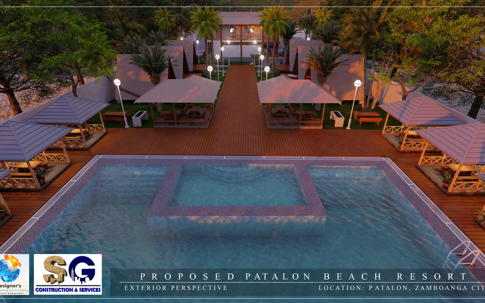 Aerial resort development project with pool and landscape features