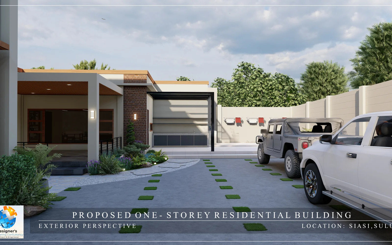 One-storey residential building exterior with driveway and vehicles